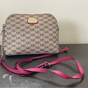 Michael Kors Pink and Brown Crossbody Bag with Monogram Print